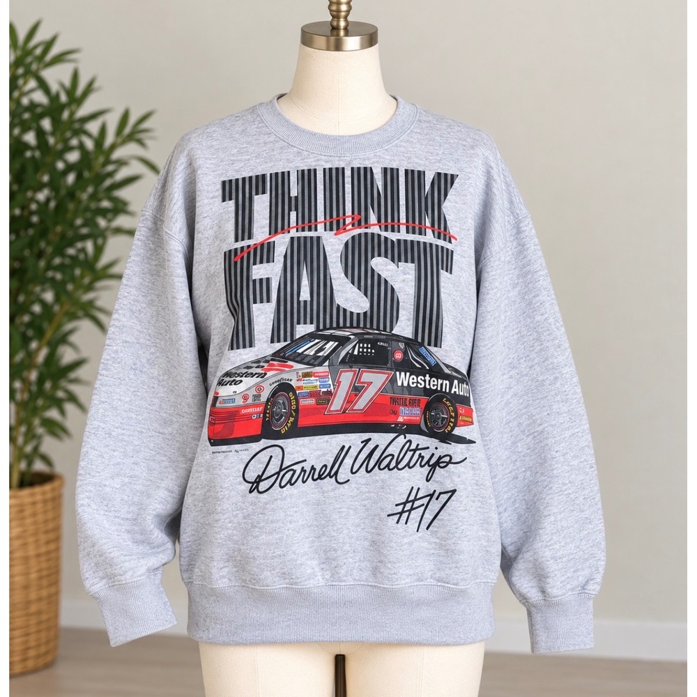 Vintage NASCAR Darrell Waltrip 17 Think Fast Sweatshirt Heather Gray Small
